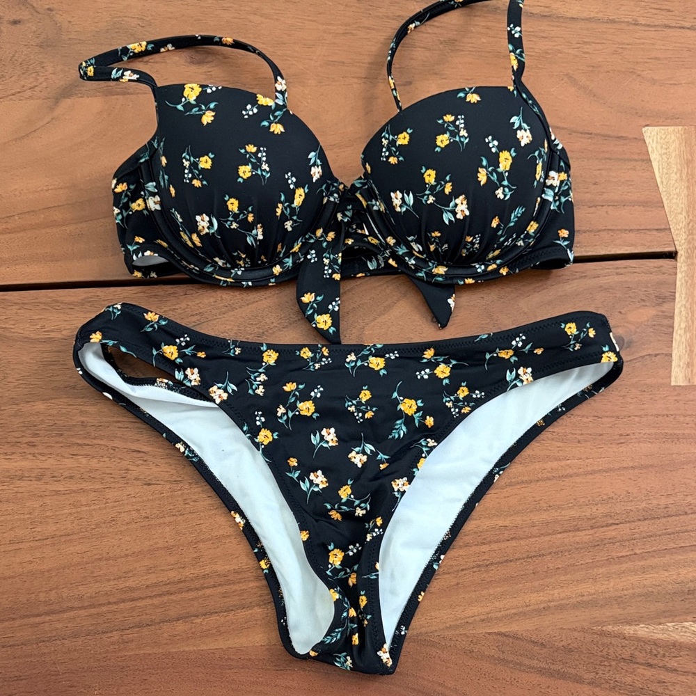 Shade & Shore Black Floral Tie-Front Bikini with Yellow Accents